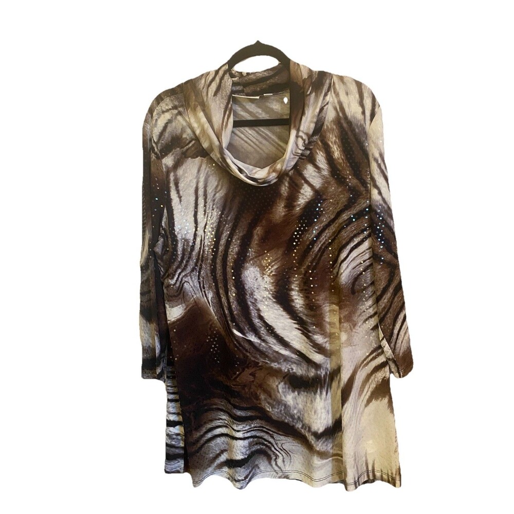 Susan Graver animal print  liquid knit Cowl Neck Tunic with  Size L sequins